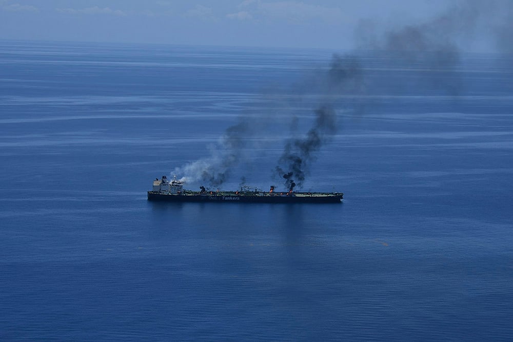 | Photo: European Union's Operation Aspides via AP : Middle East Tensions: Fires burning aboard the oil tanker Sounion in the Red Sea